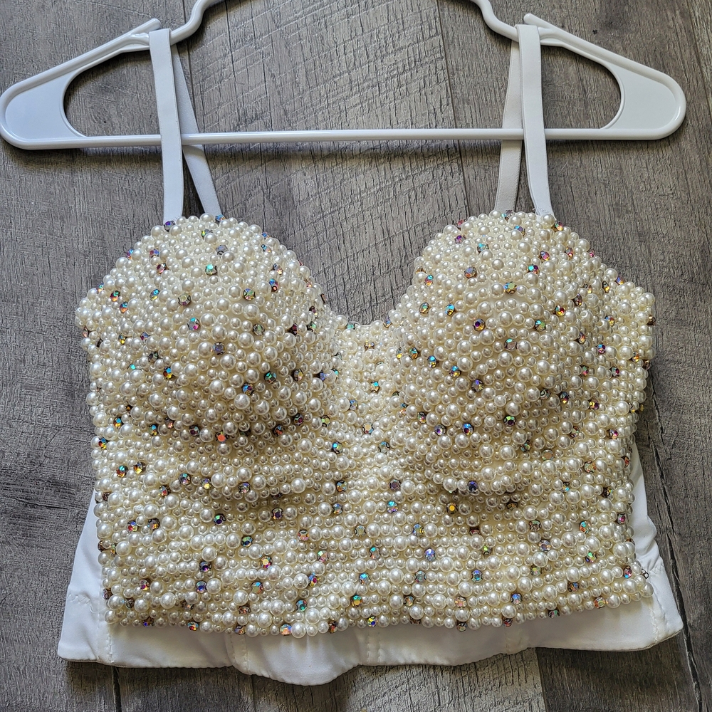 Elegant Pearl Embellished White Crop Top